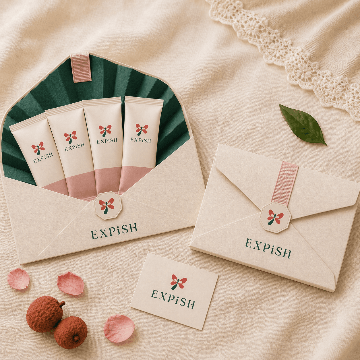 Early concept visualisation of lychee rose tea presented in an envelope-shaped gift pack