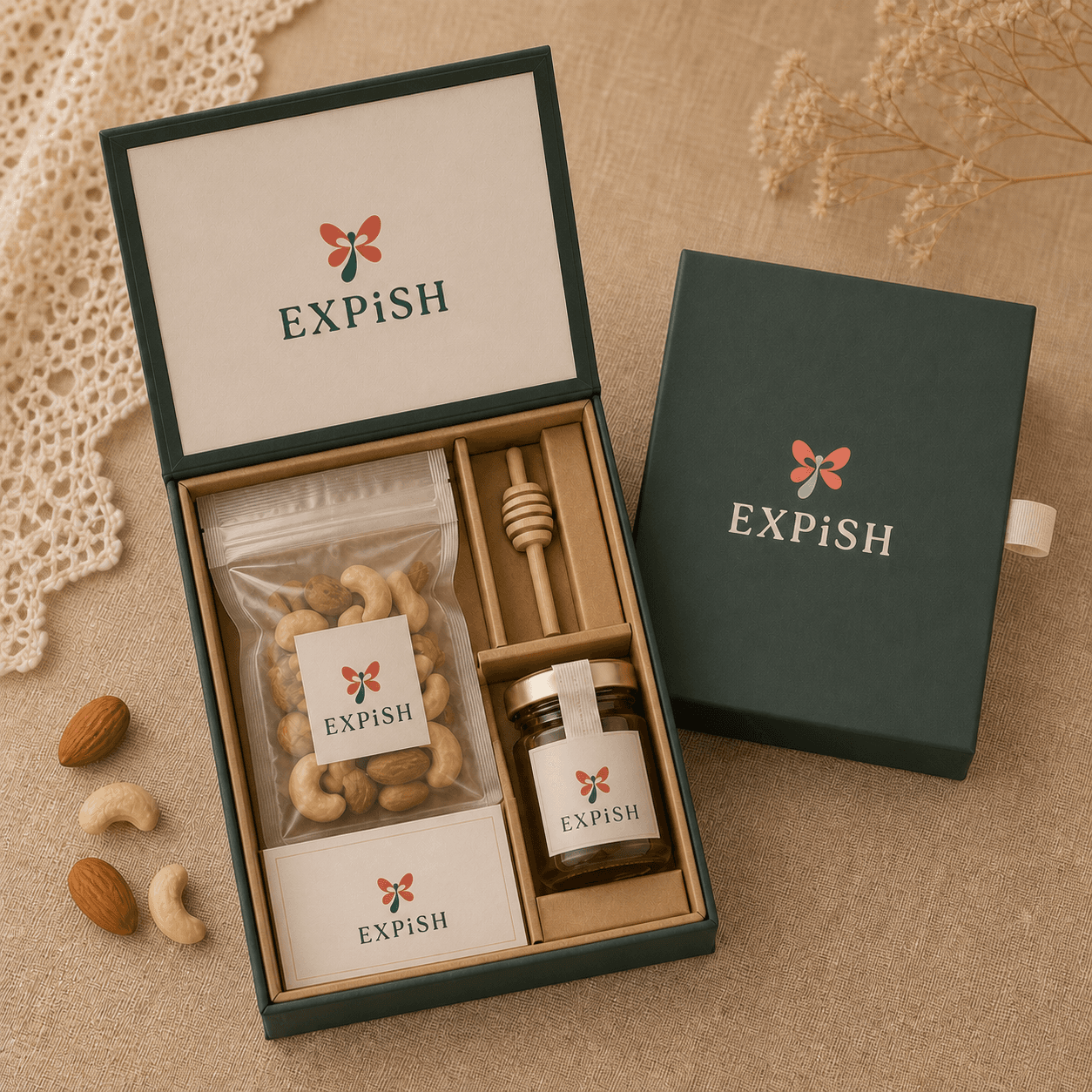 Early concept visualisation of a nuts and local honey guest gift set
