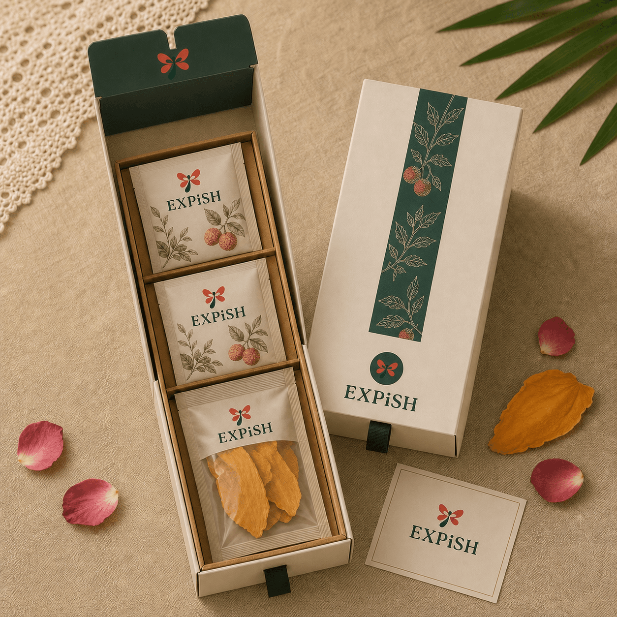 Early concept visualisation of a tea and dried-fruit guest gift in a narrow presentation box